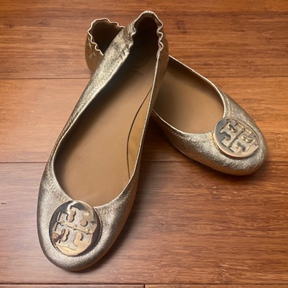 New Tory Burch Minnie Ballet Flat Metallic Gold Shoes 8.5 M